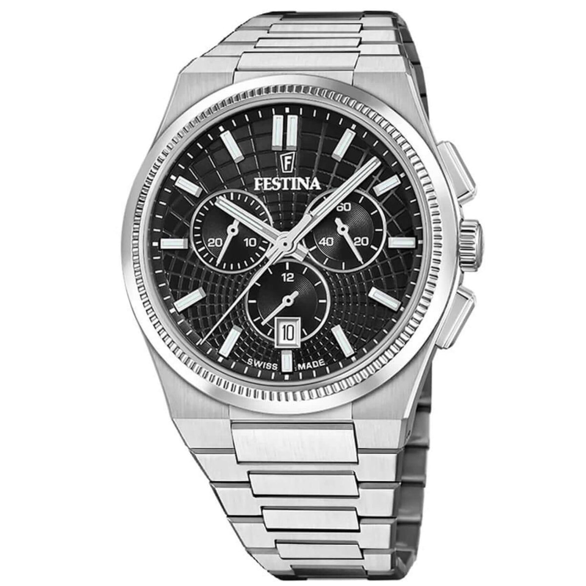Ρολόι Festina Rive F20059/4 Swiss Made με ασημί ατσάλινο μπρασελέ και μαύρο καντράν με διάμετρο 42.5mm.