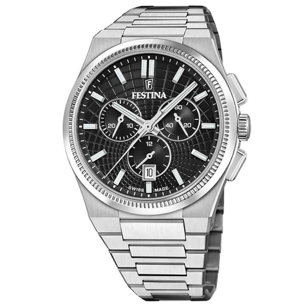 Ρολόι Festina Rive F20059/4 Swiss Made με ασημί ατσάλινο μπρασελέ και μαύρο καντράν με διάμετρο 42.5mm.