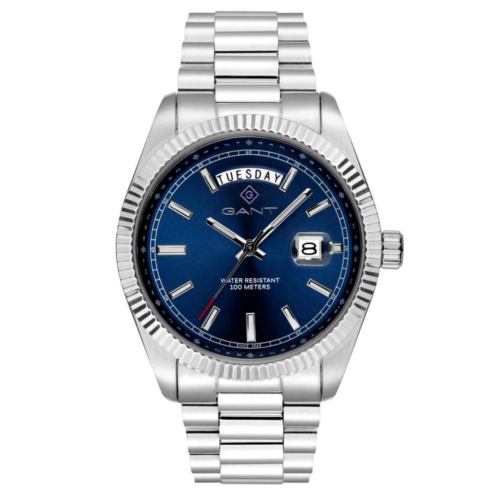 Ρολόι Gant Fairfax G189002 με ασημί ατσάλινο μπρασελέ και μπλε καντράν διαμέτρου 41mm με ένδειξη ημέρας και ημερομηνίας.