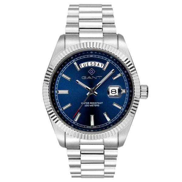 Ρολόι Gant Fairfax G189002 με ασημί ατσάλινο μπρασελέ και μπλε καντράν διαμέτρου 41mm με ένδειξη ημέρας και ημερομηνίας.