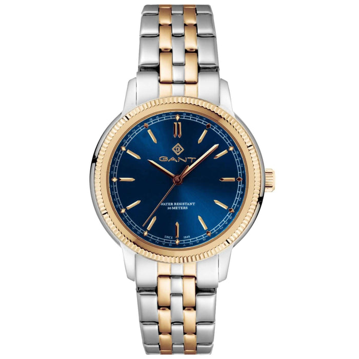 Ρολόι Gant Fall River G187006 με δίχρωμο ατσάλινο μπρασελέ σε ασημί-χρυσό χρώμα και μπλε καντράν διαμέτρου 34mm.