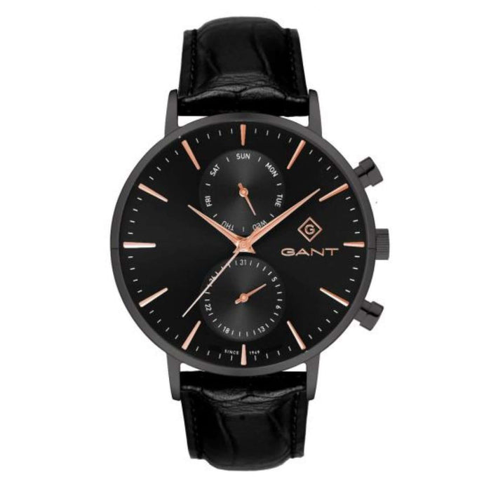 Ανδρικό ρολόι Gant Park Hill II G121016 με μαύρο δερμάτινο λουράκι & μαύρο καντράν διαμέτρου 43.5mm, με ημερομηνία.