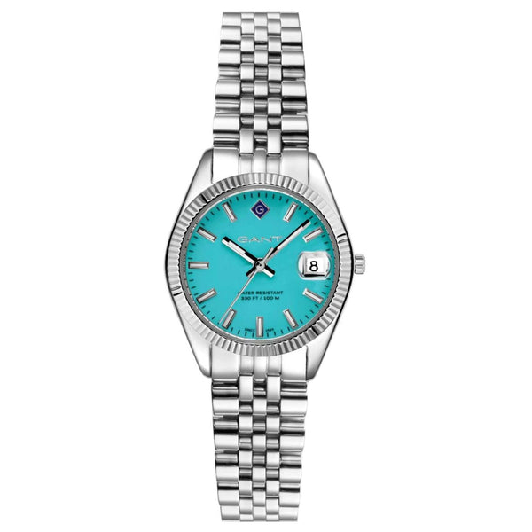 Γυναικείο ρολόι Gant Sussex Mini G181006 με ασημί ατσάλινο μπρασελέ και τιρκουάζ καντράν διαμέτρου 28mm με ένδειξη ημερομηνίας.