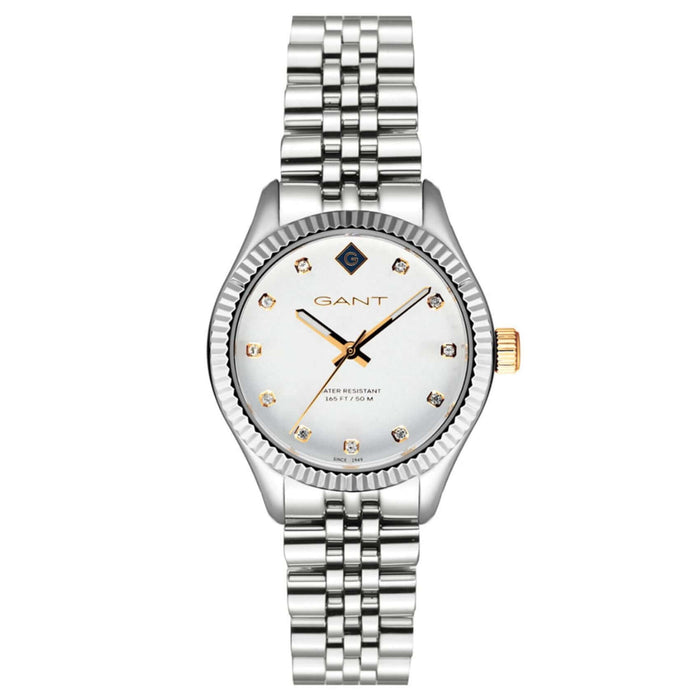 Αδιάβροχο γυναικείο ρολόι Gant Sussex Stones G136024 με ασημί μπρασελέ και λευκό καντράν 34mm με ζιργκόν.
