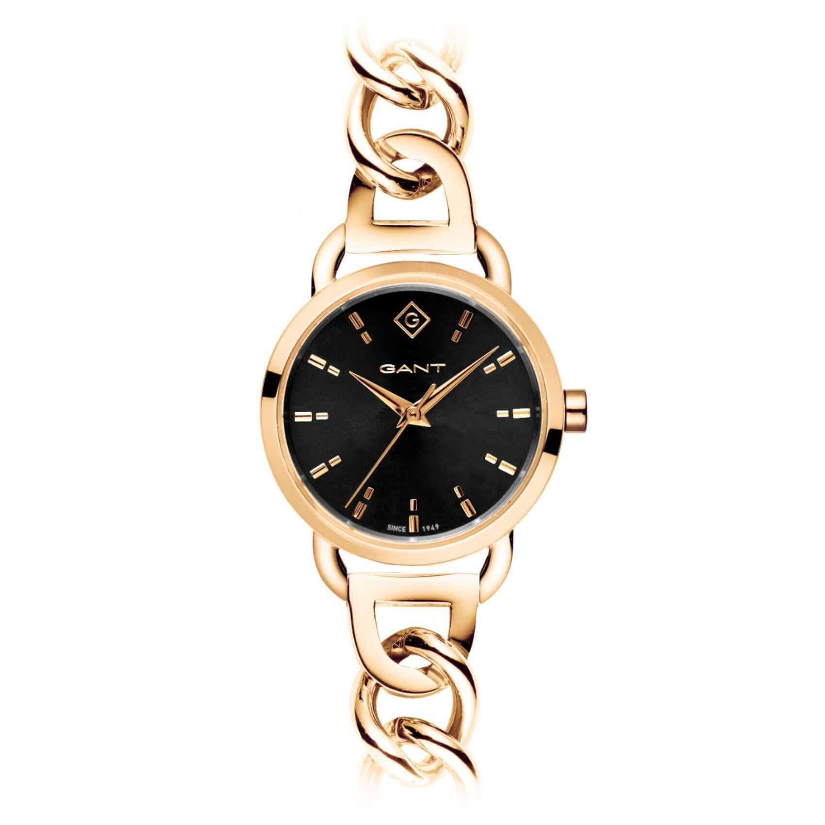 Γυναικείο ρολόι Gant Truro G178002 με χρυσό ατσάλινο μπρασελέ σε σχέδιο βραχιολιού και μαύρο καντράν διαμέτρου 28mm.