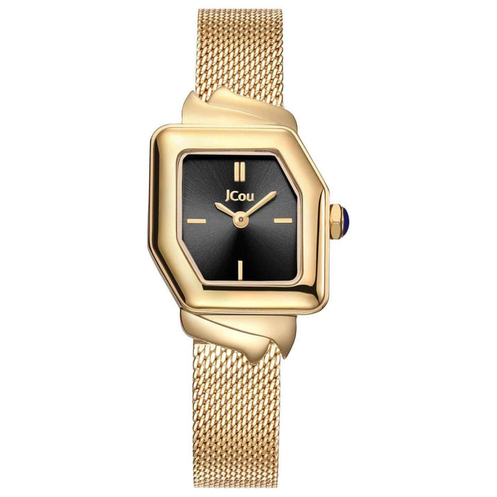 Τετράγωνο ρολόι JCOU Frida JU19076-3 με χρυσό ατσάλινο μπρασελέ και μαύρο καντράν σε τετράγωνο ασύμμετρο σχήμα 25mm.