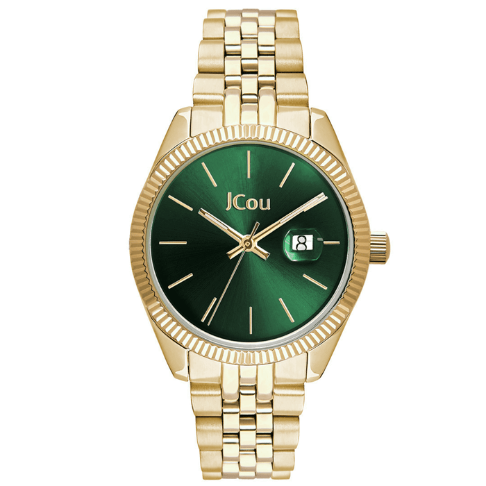 Ρολόι Jcou Queen's Mini JU17031-14 με χρυσό μπρασελέ, πράσινο καντράν με ροζ χρυσούς δείκτες και ένδειξη ημερομηνίας με διάμετρο στεφανιού 32mm αδιάβροχρο στα 100M-10ATM.