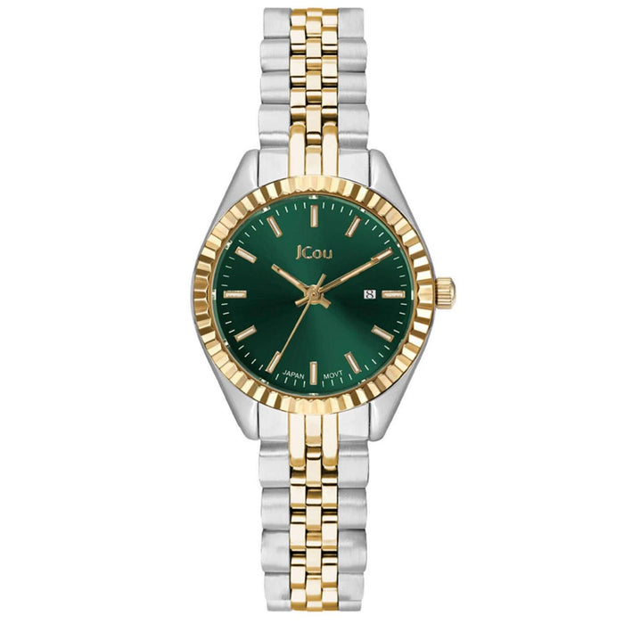 Γυναικείο ρολόι JCOU Queen's Petit II JU19066-8 με δίχρωμο ατσάλινο μπρασελέ σε ασημί-χρυσό χρώμα και πράσινο καντράν διαμέτρου στα 26mm.