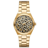 Γυναικείο ρολόι Michael Kors Lennox MK7500 με χρυσό ατσάλινο μπρασελέ και animal print καντράν διαμέτρου 37mm με ζιργκόν.