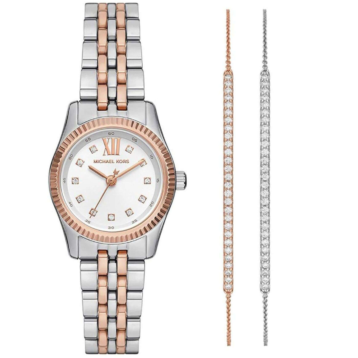 Σετ ρολόι με βραχιόλια Michael Kors Lexington MK4817 Set με δίχρωμο ατσάλινο μπρασελέ σε ασημί-ροζ χρυσό χρώμα και ασημί καντράν 26mm με ζιργκόν.