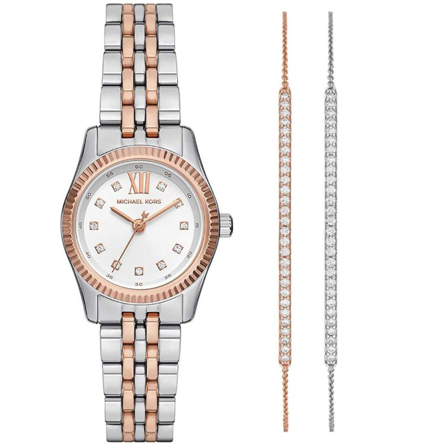 Σετ ρολόι με βραχιόλια Michael Kors Lexington MK4817 Set με δίχρωμο ατσάλινο μπρασελέ σε ασημί-ροζ χρυσό χρώμα και ασημί καντράν 26mm με ζιργκόν.