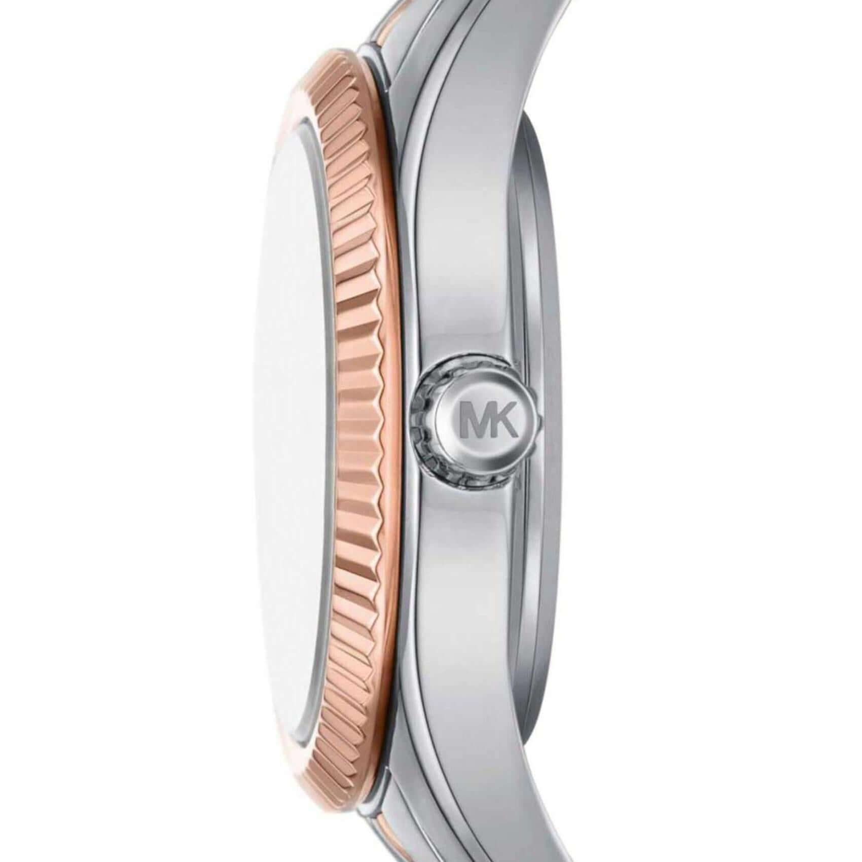 Σετ ρολόι με βραχιόλια Michael Kors Lexington MK4817 Set με δίχρωμο ατσάλινο μπρασελέ σε ασημί-ροζ χρυσό χρώμα και ασημί καντράν 26mm με ζιργκόν.