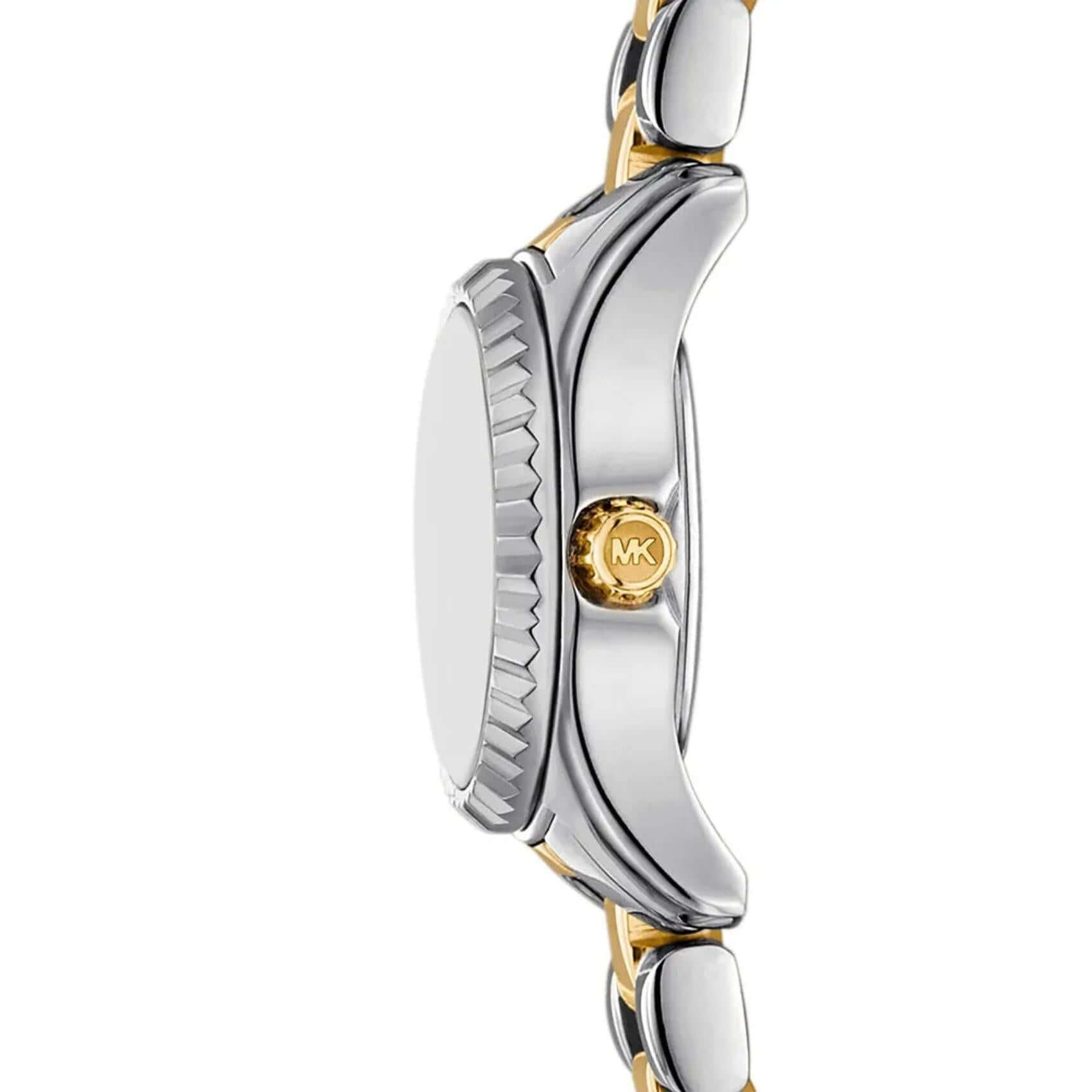 Γυναικείο ρολόι Michael Kors Lexington MK4903 με δίχρωμο ασημί-χρυσό ατσάλινο μπρασελέ και ασημί καντράν 30mm με ζιργκόν, πλαϊνή όψη.