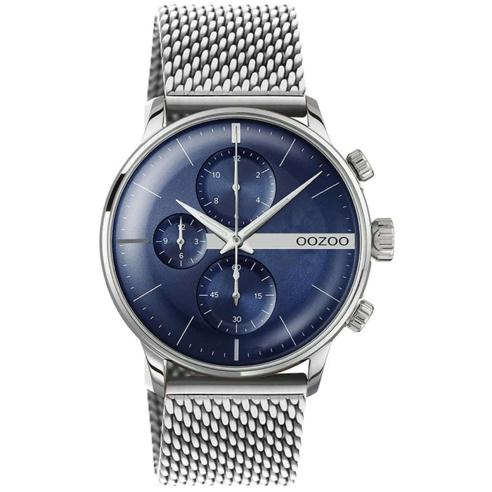 Ρολόι Oozoo C11100 με ασημί ατσάλινο μπρασελέ και μπλε καντράν διαμέτρου 45mm.