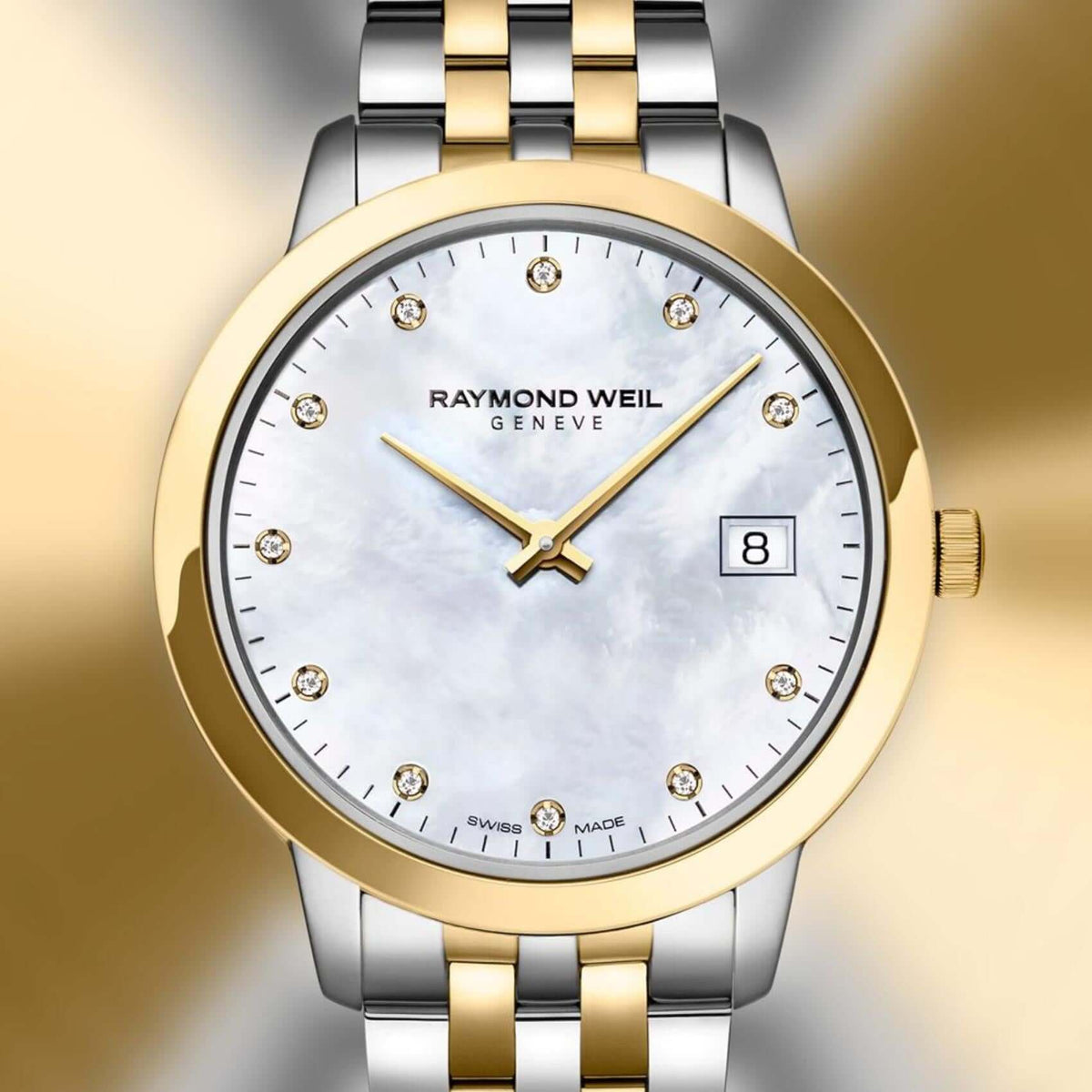 Γυναικείο ρολόι Raymond Weil Toccata Diamonds 5385-STP-97081 με δίχρωμο μπρασελέ και άσπρο φίλντισι καντράν 34mm διακοσμημένο με διαμάντια.