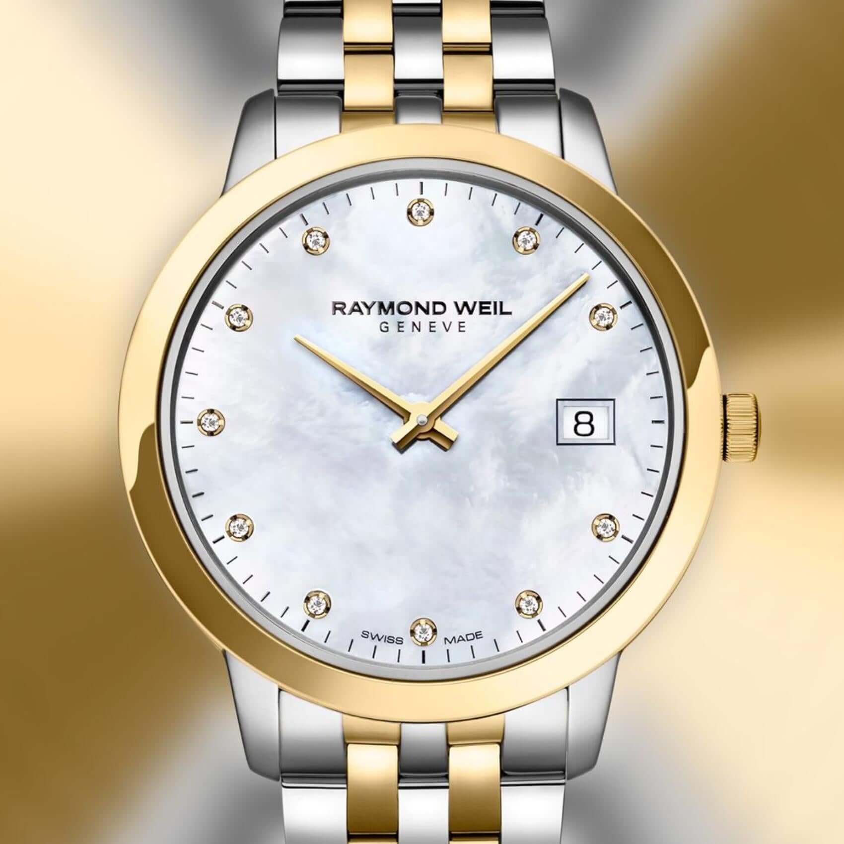 Γυναικείο ρολόι Raymond Weil Toccata Diamonds 5385-STP-97081 με δίχρωμο μπρασελέ και άσπρο φίλντισι καντράν 34mm διακοσμημένο με διαμάντια.