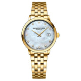 Γυναικείο ρολόι Raymond Weil Toccata Diamonds 5985-P-97081 με χρυσό μπρασελέ και άσπρο φίλντισι καντράν 29mm με διαμάντια.