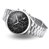 Roamer Pro Chrono 993819-41-44-20 χρονογράφος με ασημί ατσάλινο μπρασελέ και στρογγυλό μαύρο καντράν διαμέτρου 44mm.