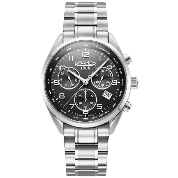 Roamer Pro Chrono 993819-41-44-20 χρονογράφος με ασημί ατσάλινο μπρασελέ και στρογγυλό μαύρο καντράν διαμέτρου 44mm.