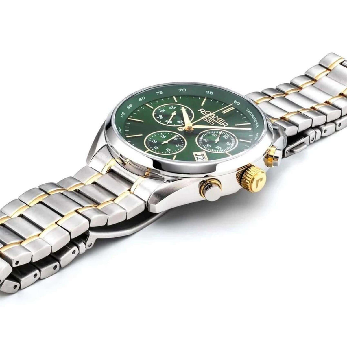 Ρολόι Roamer Pro Chrono 993819-47-75-20 χρονογράφος με δίχρωμο ατσάλινο μπρασελέ σε ασημί-χρυσό χρώμα και στρογγυλό πράσινο καντράν 44mm με ένδειξη ημερομηνίας και ημέρας.