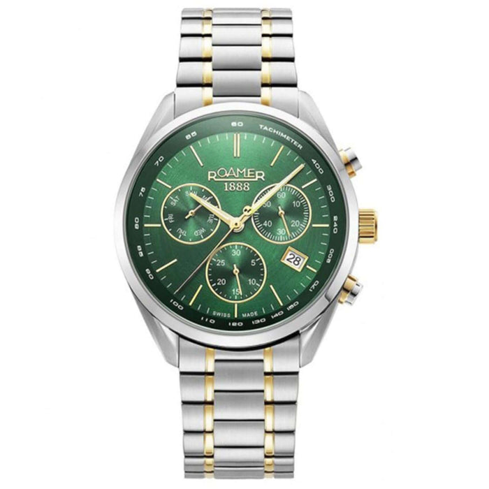 Ρολόι Roamer Pro Chrono 993819-47-75-20 χρονογράφος με δίχρωμο ατσάλινο μπρασελέ σε ασημί-χρυσό χρώμα και στρογγυλό πράσινο καντράν 44mm με ένδειξη ημερομηνίας και ημέρας.
