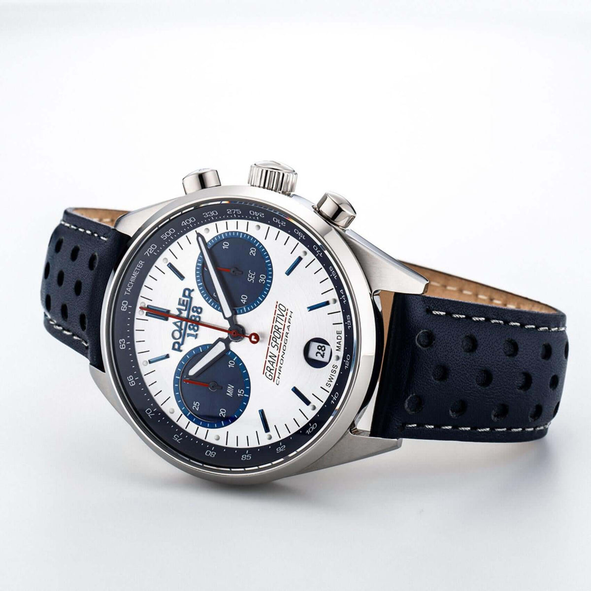 Ανδρικό ρολόι Roamer Gran Sportivo Box Set 978818-41-45-21 χρονογράφος με μπλε δερμάτινο λουράκι & ασημί καντράν 41.5mm. 