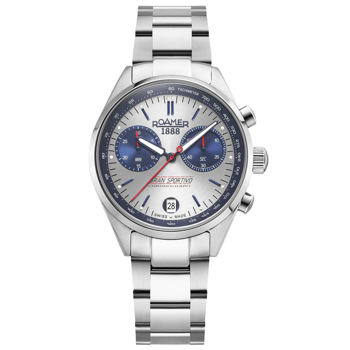 Ανδρικό ρολόι Roamer Gran Sportivo Box Set 978818-41-45-21 χρονογράφος με ασημί ατσάλινο μπρασελέ & ασημί καντράν 41.5mm. 
