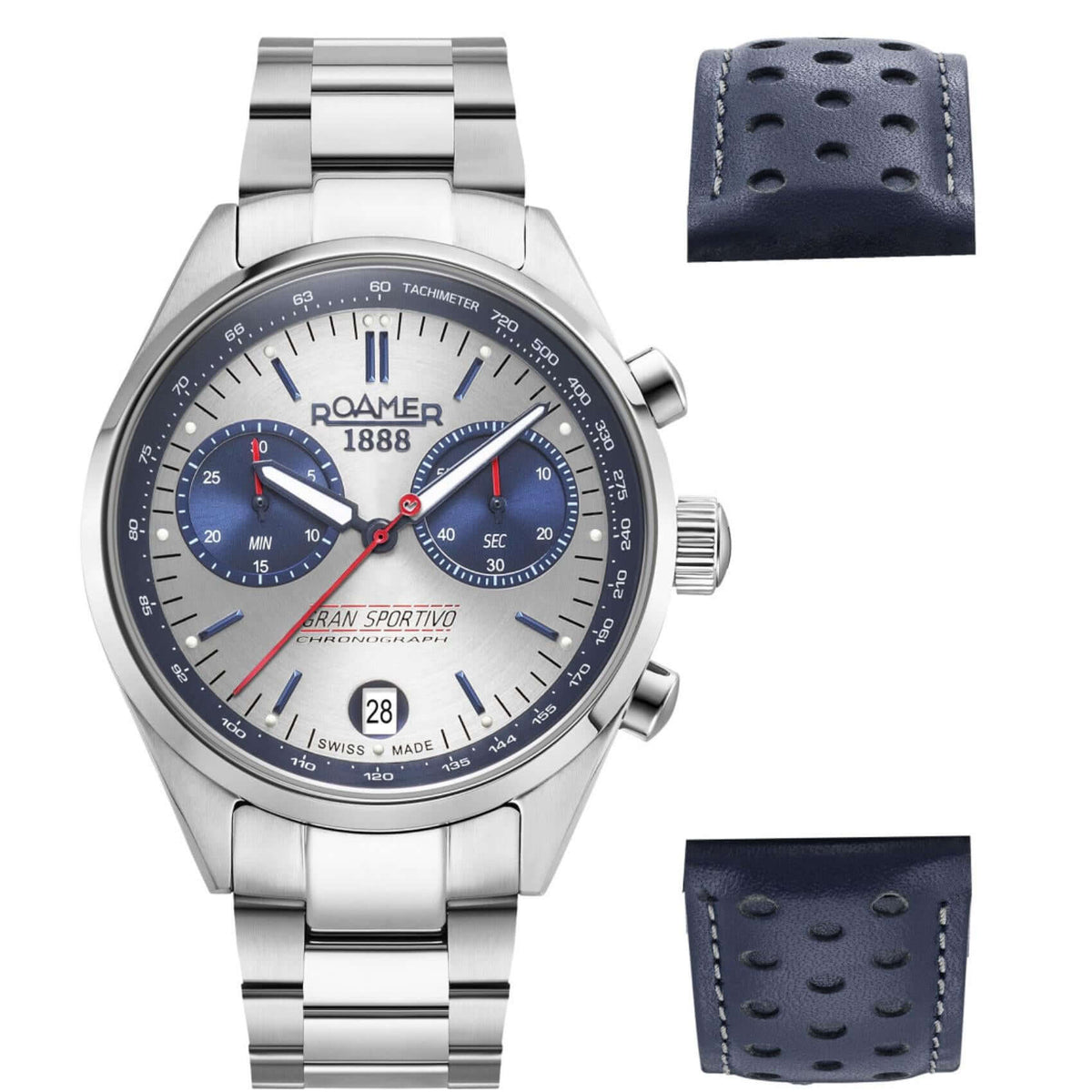 Ανδρικό ρολόι Roamer Gran Sportivo Box Set 978818-41-45-21 χρονογράφος με ασημί ατσάλινο μπρασελέ, δεύτερο μπλε δερμάτινο λουράκι & ασημί καντράν 41.5mm. 