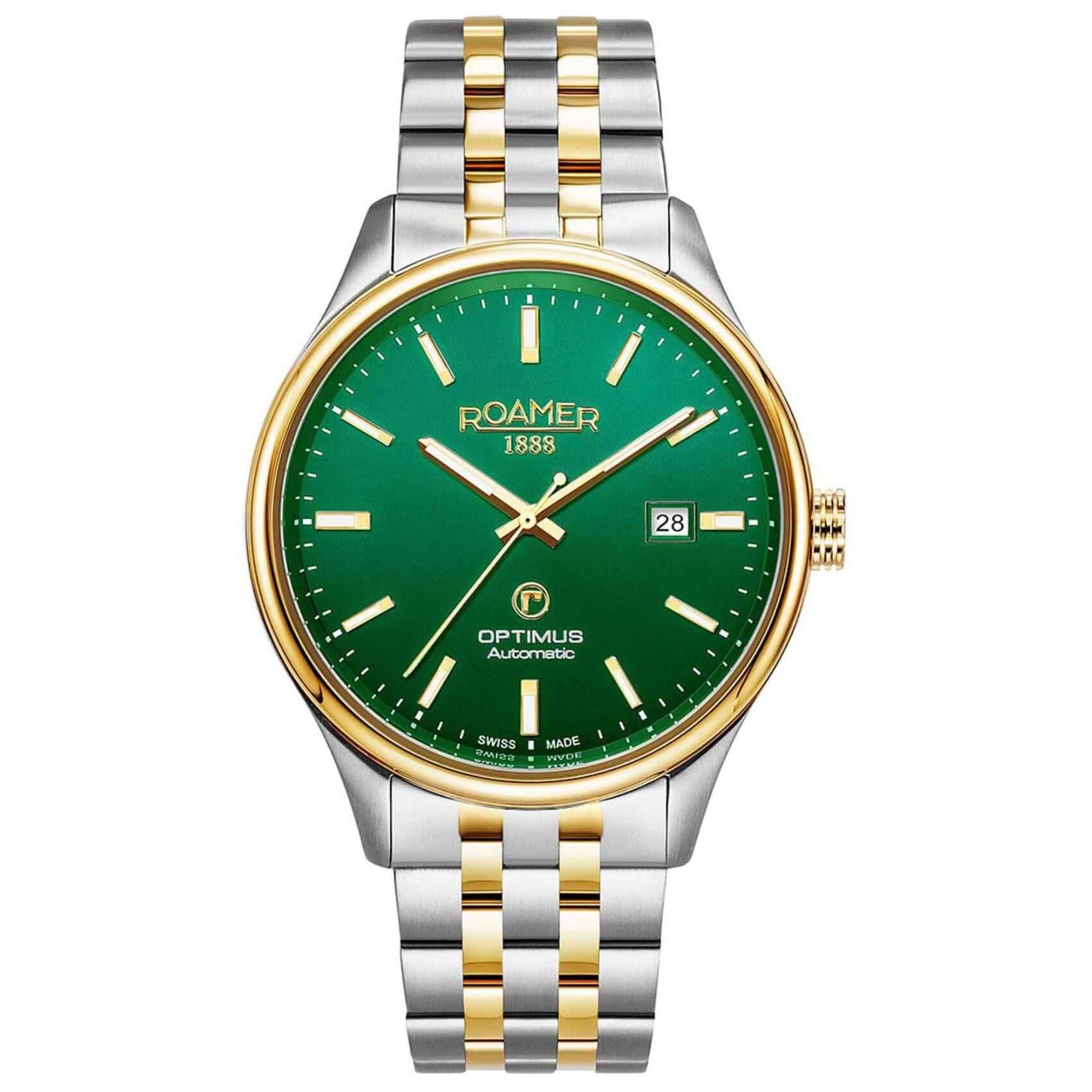 Ανδρικό ρολόι Roamer Optimus 983983-47-75-50 με δίχρωμο ατσάλινο μπρασελέ σε ασημί-χρυσό χρώμα και πράσινο καντράν 42mm με ένδειξη ημερομηνίας.