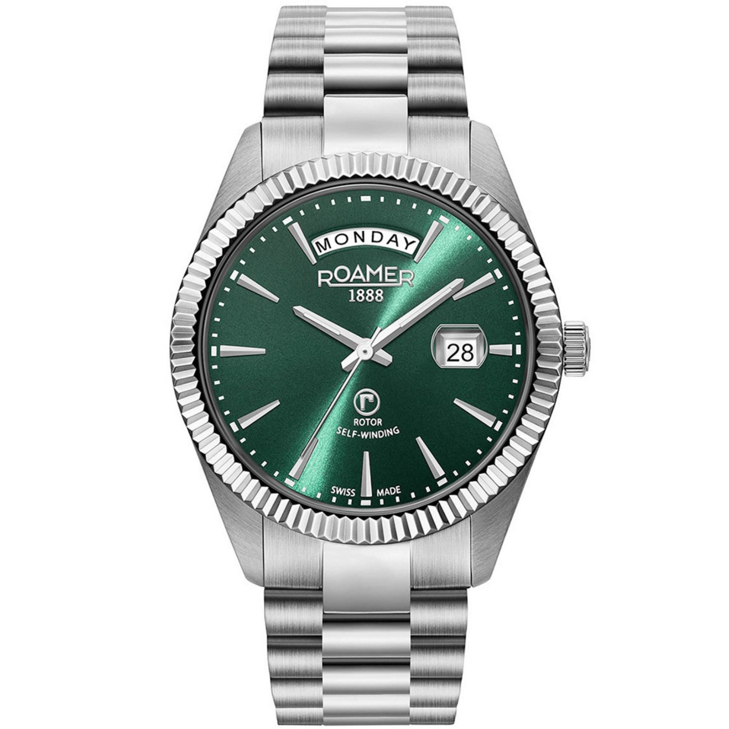Ανδρικό ρολόι roamer primeline 981662-41-75-90 με ασημένιο μπρασελέ και πράσινο καντράν με ένδειξη ημερομηνίας και ώρας.