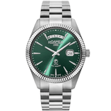 Ανδρικό ρολόι roamer primeline 981662-41-75-90 με ασημένιο μπρασελέ και πράσινο καντράν με ένδειξη ημερομηνίας και ώρας.