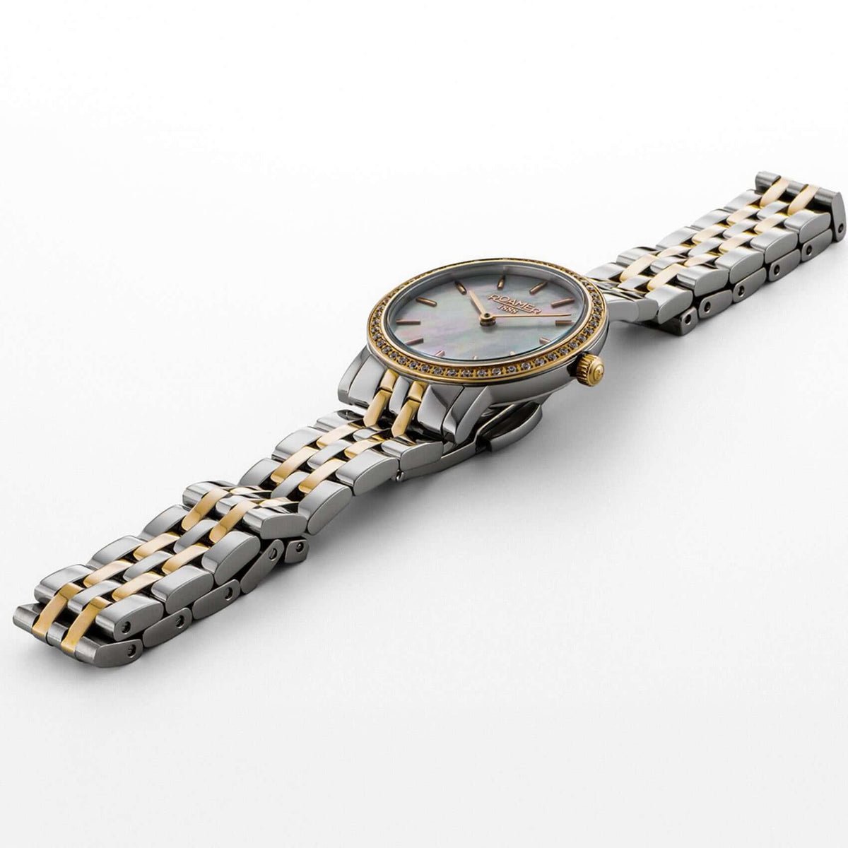 Γυναικείο ρολόι Roamer Scala 976830-47-70-50 swiss made με δίχρωμο μπρασελέ και πράσινο φίλντισι καντράν διαμέτρου 28mm.