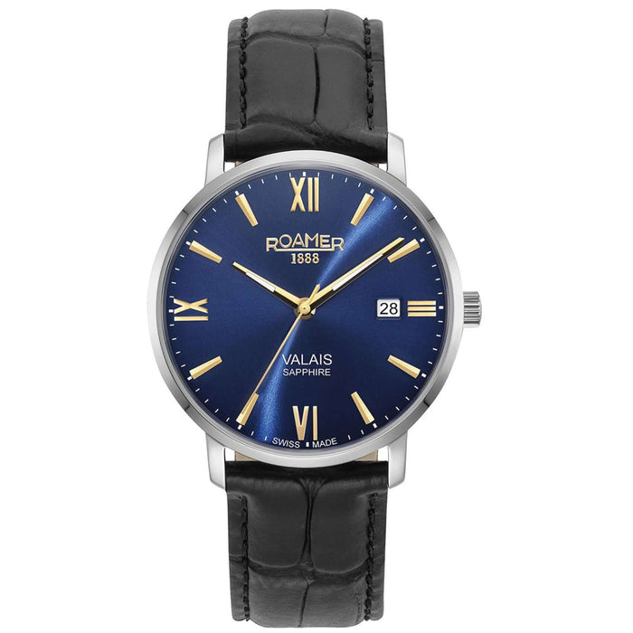 Ανδρικό ρολόι Roamer Valais Gents 958833-41-41-05 με μαύρο δερμάτινο λουράκι και μπλε καντράν διαμέτρου 39mm.