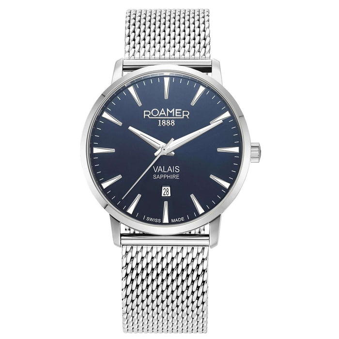 Ανδρικό ρολόι Roamer Valais Gents Box Set 988833-41-45-05 με ασημί ατσάλινο μπρασελέ και μπλε καντράν 42mm με ένδειξη ημερομηνίας.
