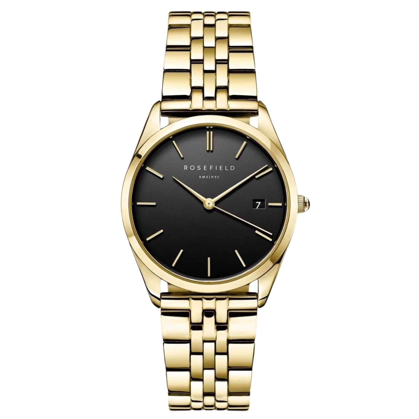 Γυναικείο ρολόι Rosefield Ace Black Gold ACBKG-A13 με χρυσό ατσάλινο μπρασελέ και μαύρο καντράν διαμέτρου 33mm.