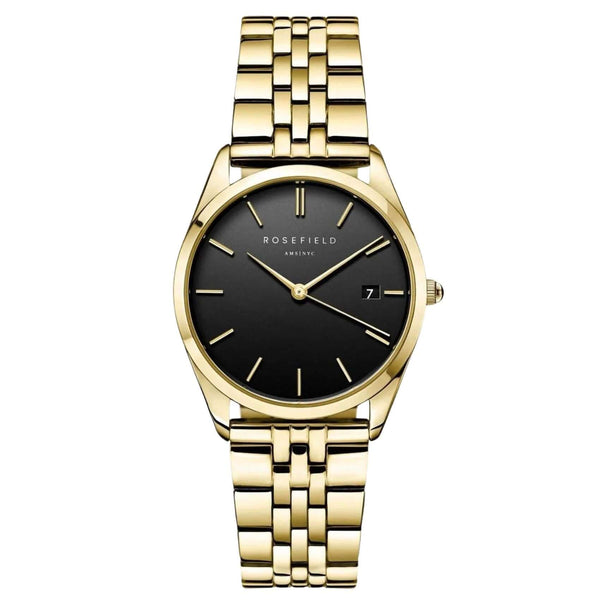 Γυναικείο ρολόι Rosefield Ace Black Gold ACBKG-A13 με χρυσό ατσάλινο μπρασελέ και μαύρο καντράν διαμέτρου 33mm.