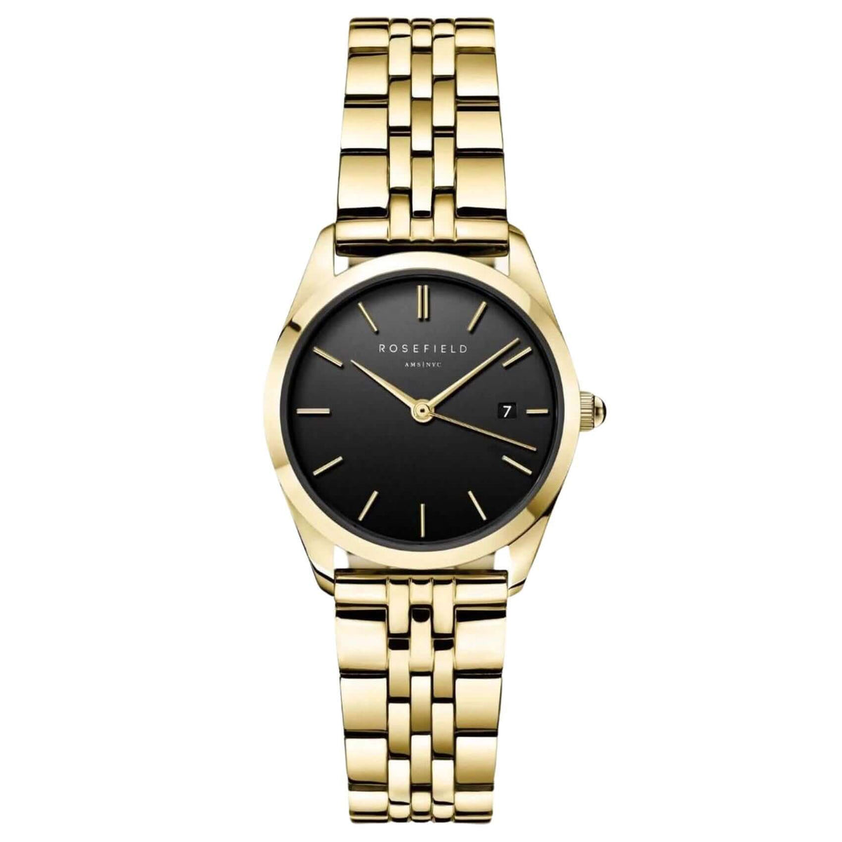 Γυναικείο ρολόι Rosefield Ace XS Black Gold ABGSG-A19 με χρυσό ατσάλινο μπρασελέ και μαύρο καντράν διαμέτρου 29mm.