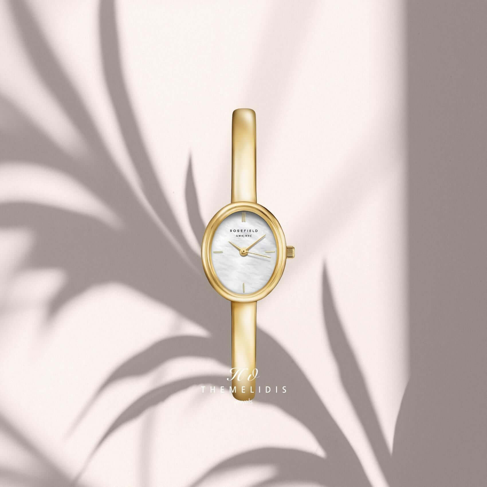 Rosefield Bangle S STWGSG-ST04 με χρυσό ατσάλινο μπρασελέ και λευκό φίλντισι καντράν.
