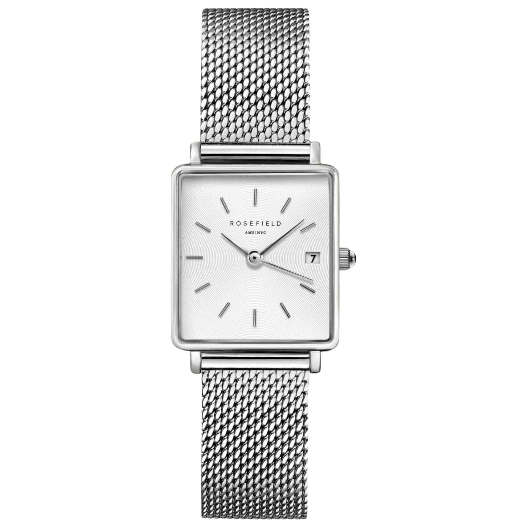 Γυναικείο ρολόι Rosefield Boxy Silver Mesh QWSS-Q02 με ασημί ατσάλινο μπρασελέ, ασημί καντράν και τετράγωνο σχήμα μεγέθους 26mmX28mm.