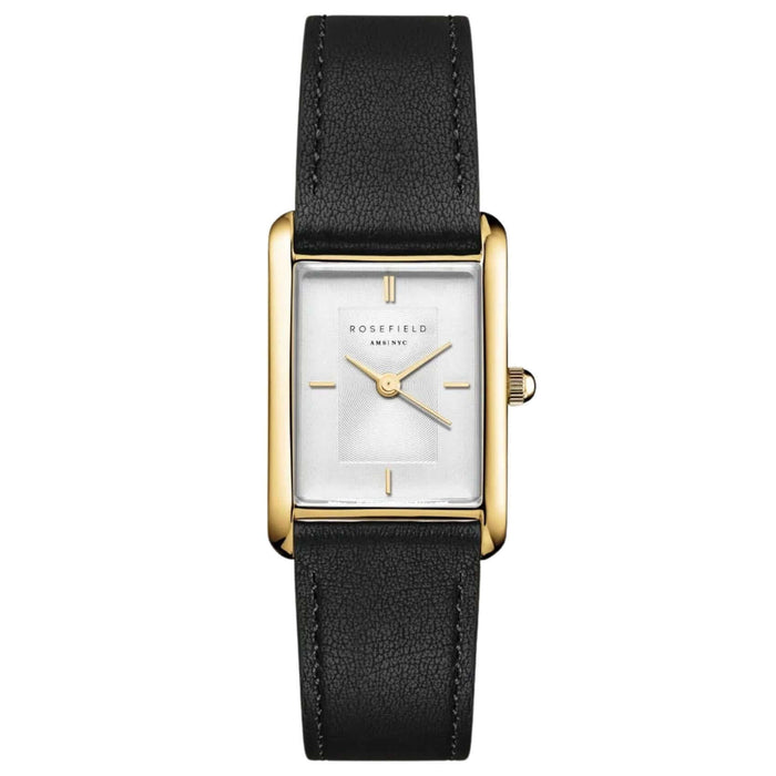Γυναικείο ρολόι Rosefield Heirloom HWBLG-H06 με μαύρο δερμάτινο λουράκι και τετράγωνο καντράν 23.5mm X 30.6mm σε άσπρο χρώμα.