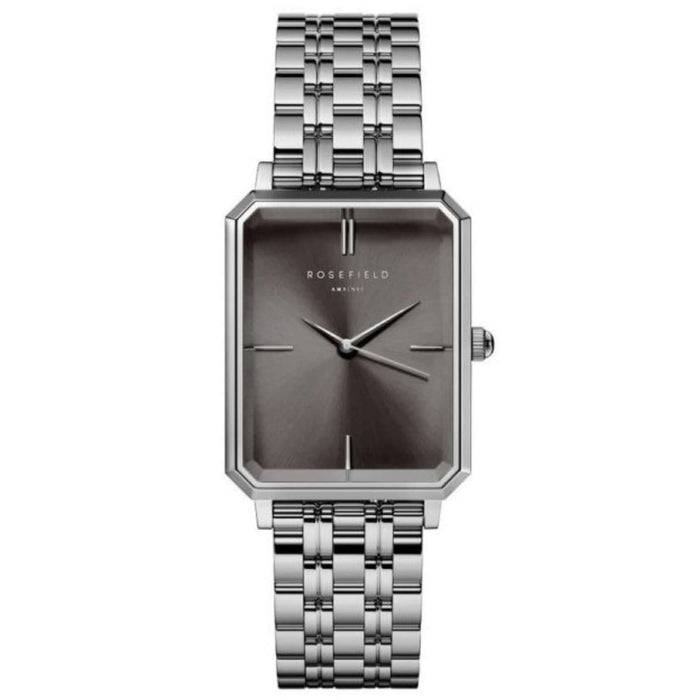 Γυναικείο ρολόι Rosefield Octagon Gray Silver OGSSS-O80 με ασημί ατσάλινο μπρασελέ και γκρι καντράν σε οκτάγωνο σχήμα μεγέθους 23mmX29mm.