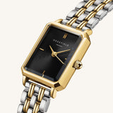 Ρολόι Rosefield Octagon XS Black Duotone OBDSG-O88 με δίχρωμο μπρασελέ και μαύρο οκτάγωνο καντράν.