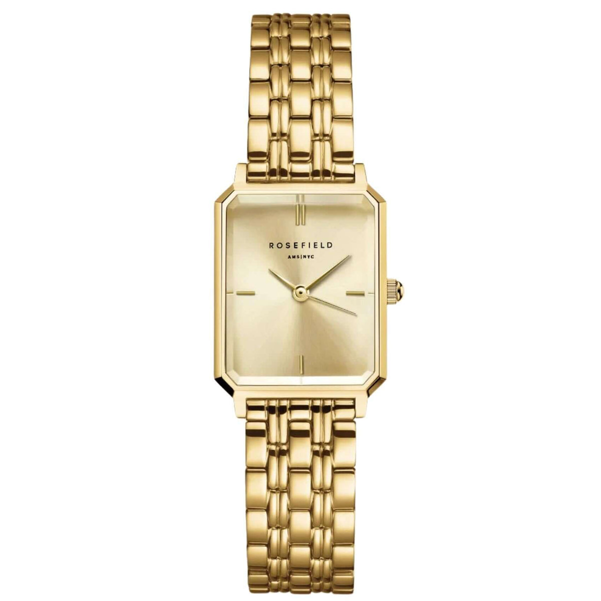 Γυναικείο ρολόι Rosefield Octagon XS Champagne OCGSG-O82 με χρυσό ατσάλινο μπρασελέ χρυσό καντράν και οκτάγωνο σχήμα μεγέθους 19.5mmX24mm.