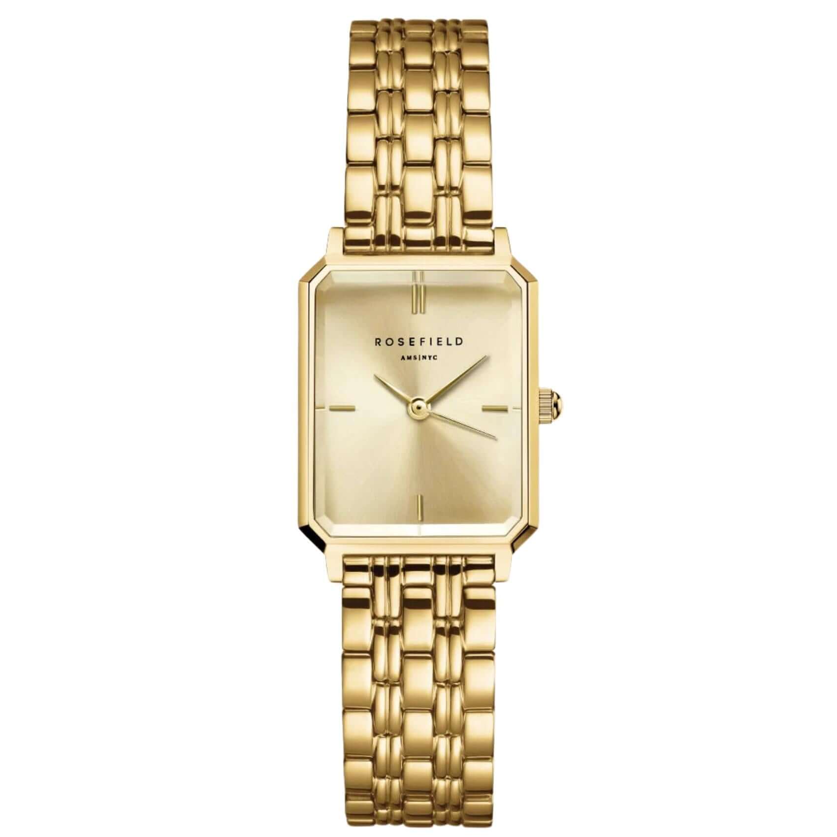 Γυναικείο ρολόι Rosefield Octagon XS Champagne OCGSG-O82 με χρυσό ατσάλινο μπρασελέ χρυσό καντράν και οκτάγωνο σχήμα μεγέθους 19.5mmX24mm.