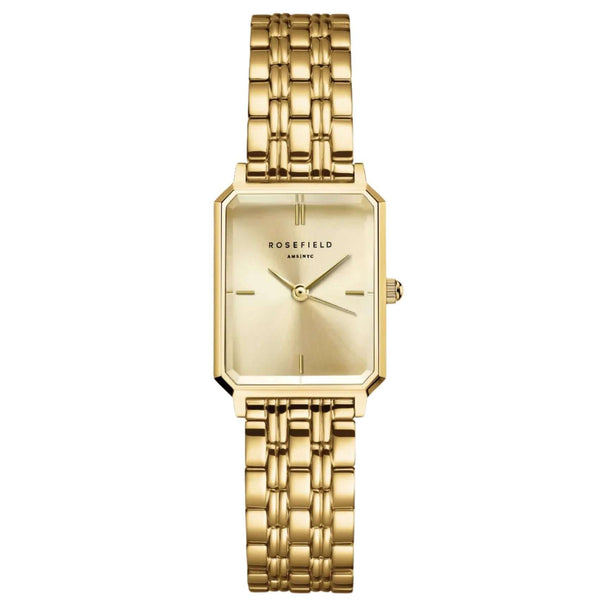 Γυναικείο ρολόι Rosefield Octagon XS Champagne OCGSG-O82 με χρυσό ατσάλινο μπρασελέ χρυσό καντράν και οκτάγωνο σχήμα μεγέθους 19.5mmX24mm.