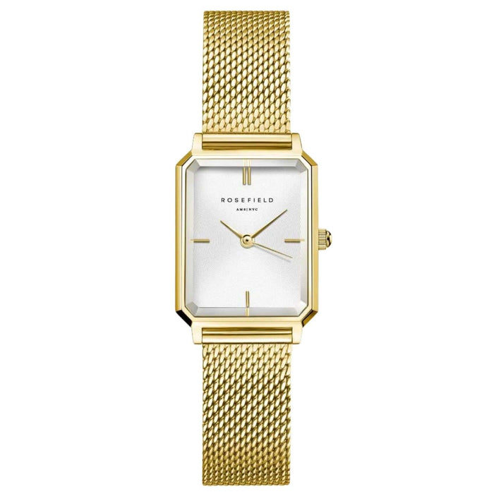 Γυναικείο ρολόι Rosefield Octagon XS Mesh Gold OWGMG-O73 με χρυσό ατσάλινο μπρασελέ και άσπρο οκτάγωνο καντράν μεγέθους 19.5mmX24mm.
