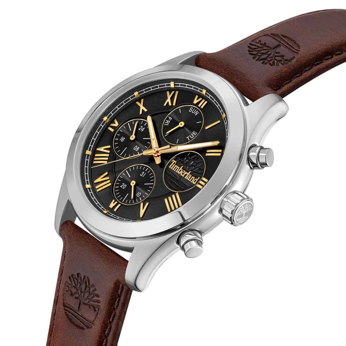 Πλάγια όψη του Timberland Ashmont TDWGF0082601 με καφέ δερμάτινο λουράκι και κάσα 44 mm.