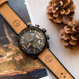 Ανδρικό ρολόι Timberland Callahan TDWGF2102603 χρονογράφος με ταμπά δερμάτινο λουράκι και μαύρο καντράν διαμέτρου 46mm με ένδειξη ημέρας-ημερομηνίας.