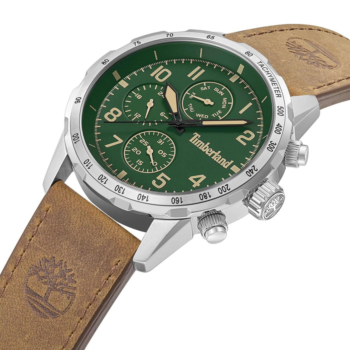 Πλάγια όψη του Timberland Campton TDWGF0055402 με ταμπά δερμάτινο λουράκι και κάσα 44 mm.