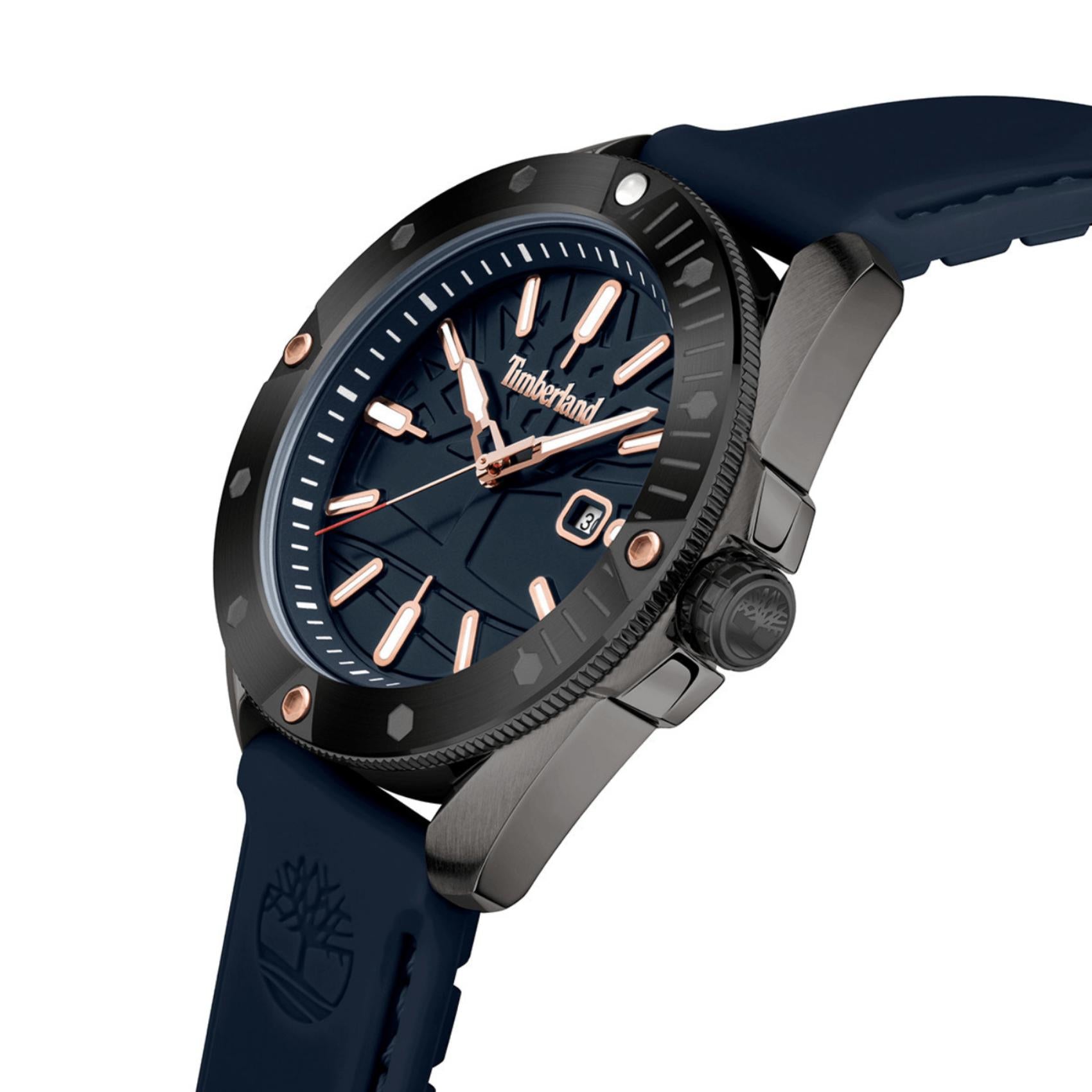 Ανδρικό ρολόι Timberland Carrigan TDWGN2102901 με μπλε καουτσούκ λουράκι και μπλε καντράν διαμέτρου 4mm με ένδειξη ημερομηνίας.
